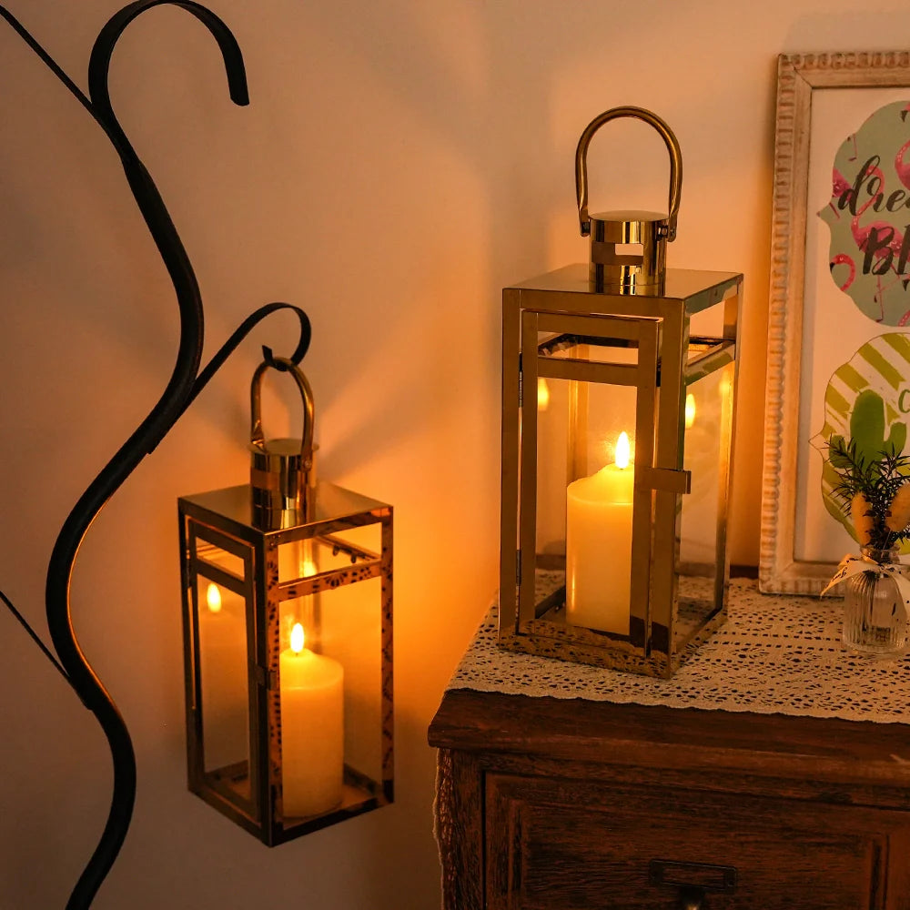 12'' High Metal Candle Holder Outdoor Candle Lantern with Tempered Panels