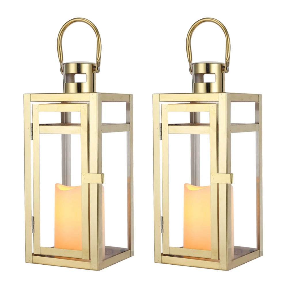 12'' High Metal Candle Holder Outdoor Candle Lantern with Tempered Panels