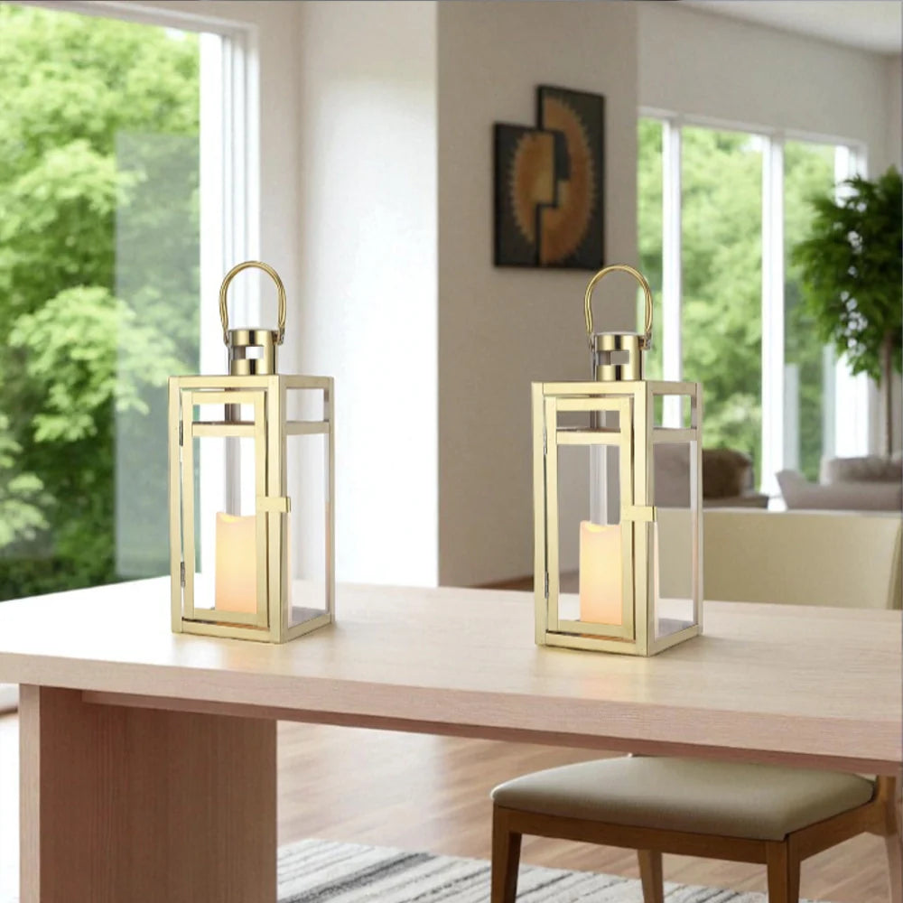 12'' High Metal Candle Holder Outdoor Candle Lantern with Tempered Panels