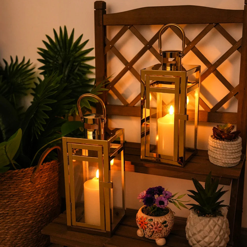 12'' High Metal Candle Holder Outdoor Candle Lantern with Tempered Panels